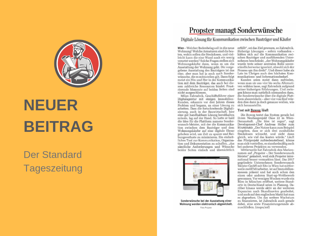 Der Standard Tageszeitung Beitrag 15.02.19 - PROPSTER - der Sonderwunsch Meister